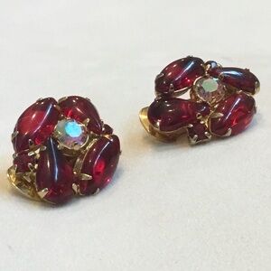 Red Glass set in gold Clip-On Earrings